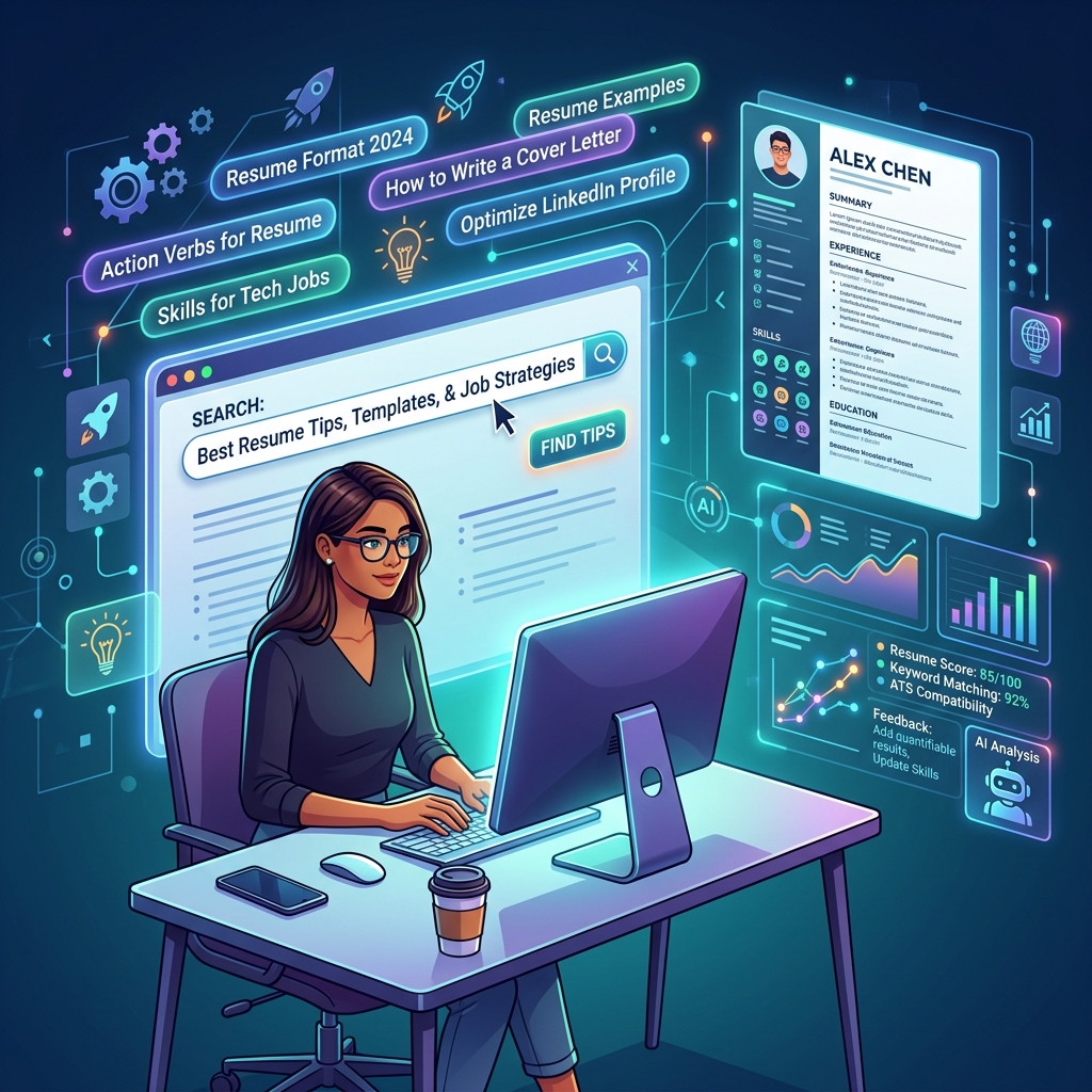 An expert looking at google searches of resumes with great keywords as well an online job application form.